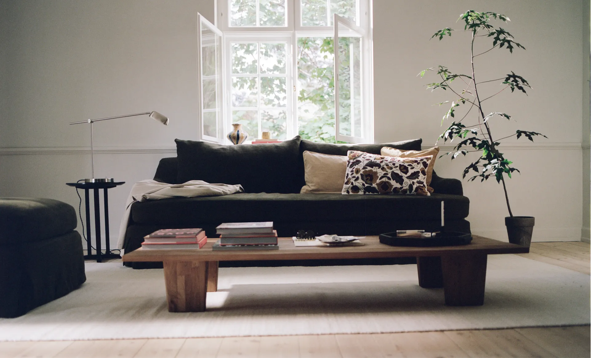 Sala con sofá oscuro, ventana abierta y vegetación